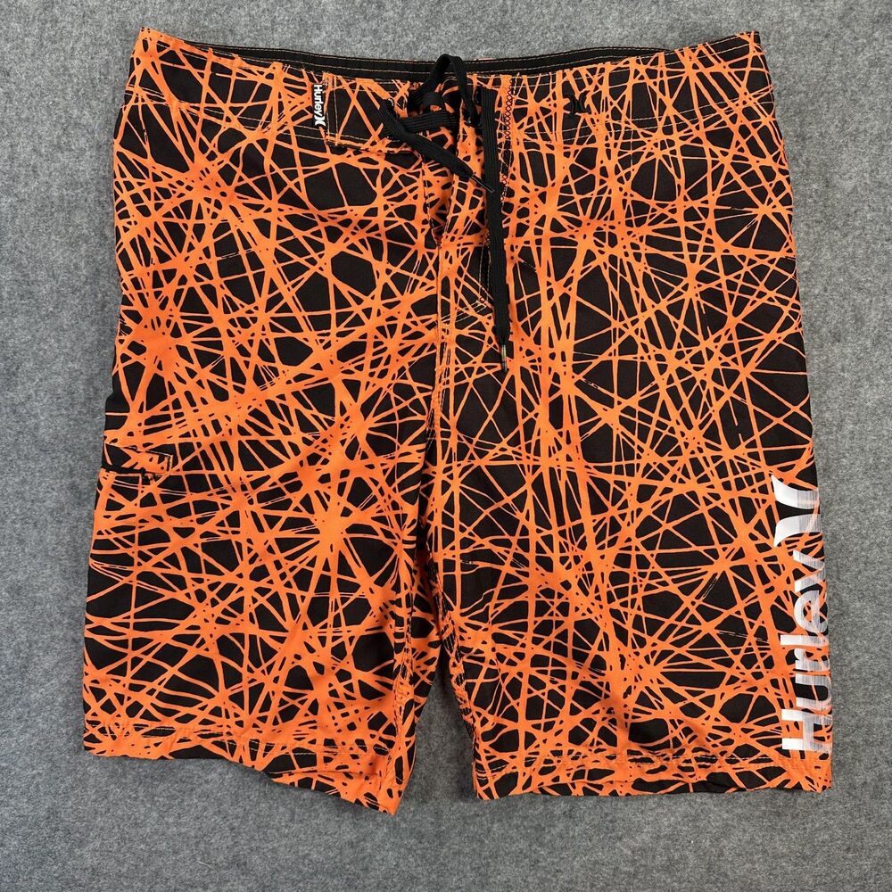 Hurley Board Shorts Mens Medium Orange Geometric Print Surf Swim Trunks Pockets